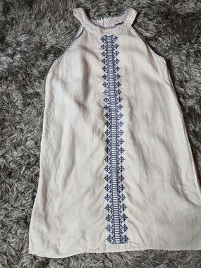 Sigrid Olsen White Linen Midi Dress with Blue Embroidery